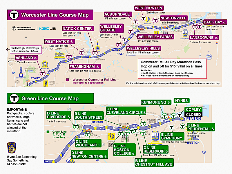 Map showing T (Boston's subway), Amtrak (Back Bay), and Commuter Rail stations near the Boston Marathon race course - Courtesy of MBTA