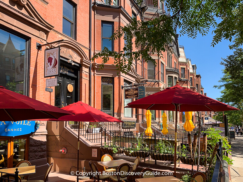 Patio dining along Newbury Street in Boston's Back Bay neighborhood