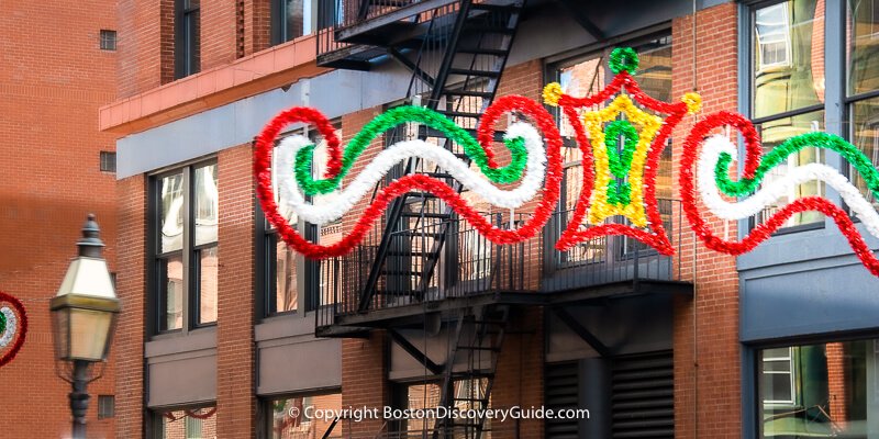 Garlands sporting Italian flag colors line the North End's streets during feast days