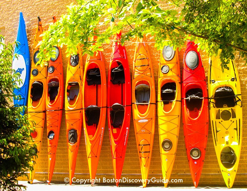 Kayaks become part of the decor at Patriot Place