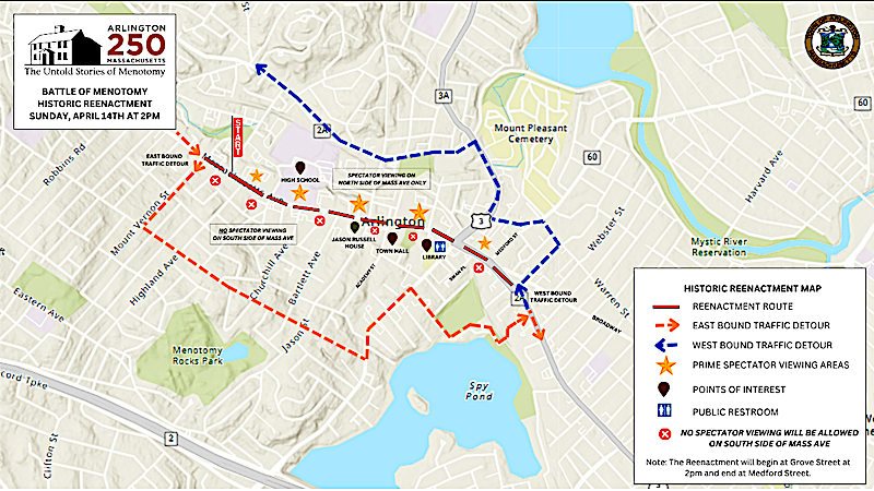 Map showing route and other details for the Battle of Menotomy Reenactment - Courtesy of Town of Arlington