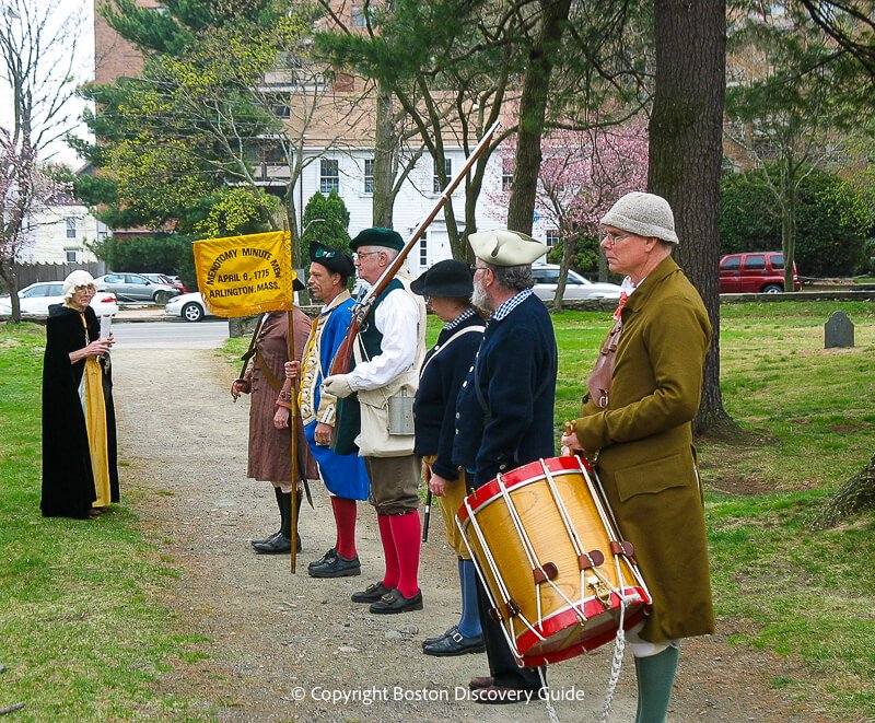 Reenactors taking part in Patriots Day ceremony in Arlington, formerly called Monotomy