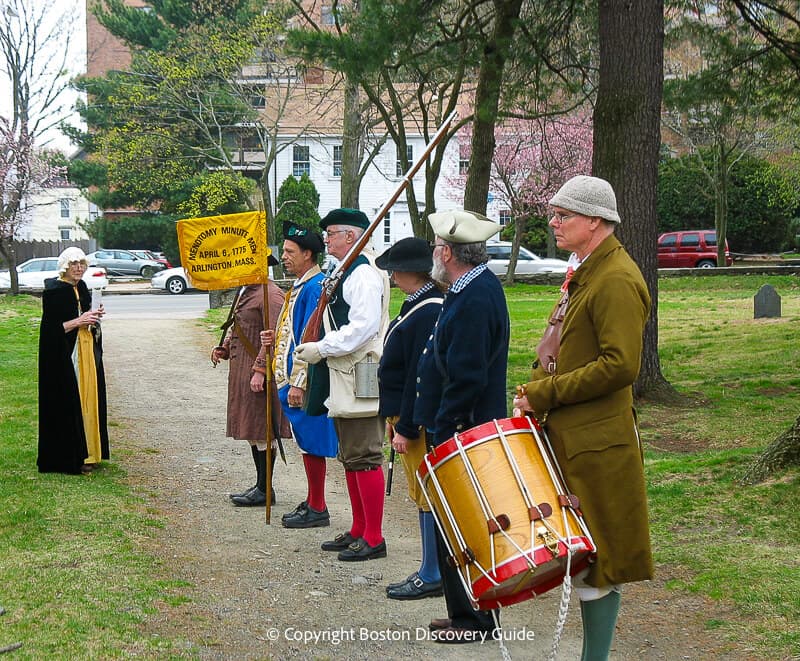 Reenactors taking part in Patriots Day ceremony in Arlington, formerly called Monotomy Reenactors taking part in Patriots Day ceremony in Arlington, formerly called Monotomy