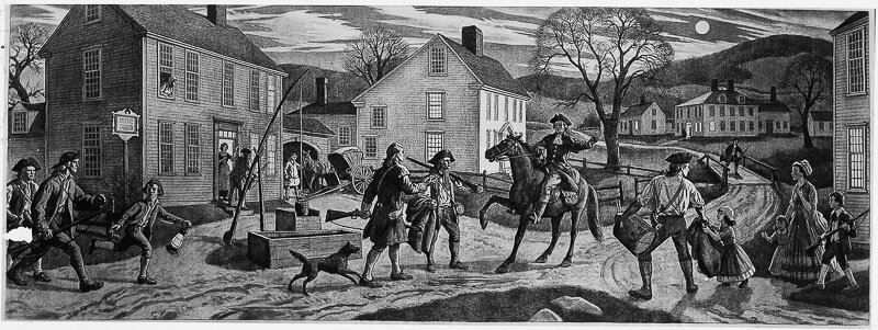 This painting was created in about 1937 for the Lexington Public Library and depicts Paul Revere's midnight ride through Lexington to Smith's Tavern (on the left) to warn residents that the British are coming - Credit: Artist unknown; public domain 