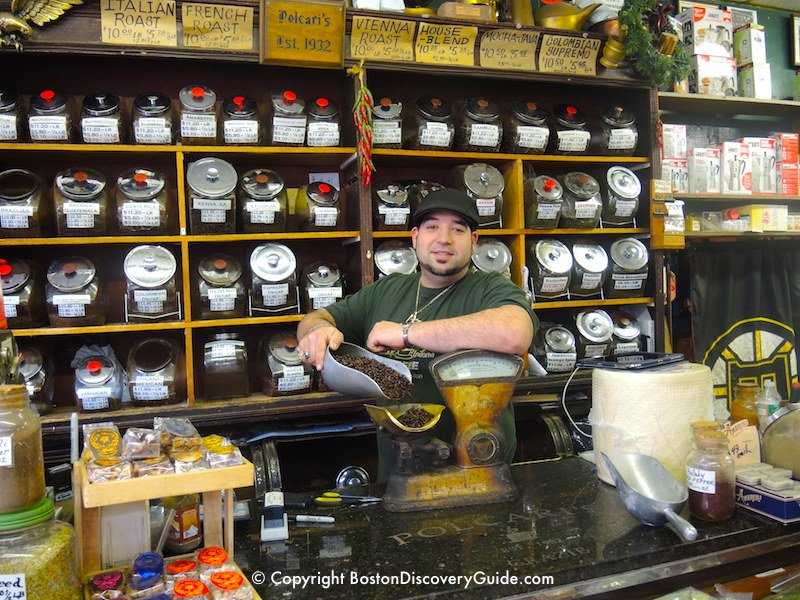 The old-fashioned counter and scale at Polcari's Coffee