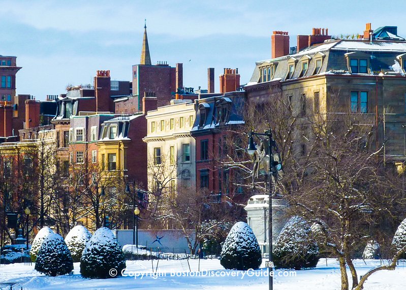 Boston Public Garden and Back Bay Mansions in the Snow