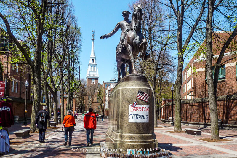 Paul Revere statue in "The Prado" in Boston's North End, with the Old North Church in the background Paul Revere statue in "The Prado" in Boston's North End, with the Old North Church in the background