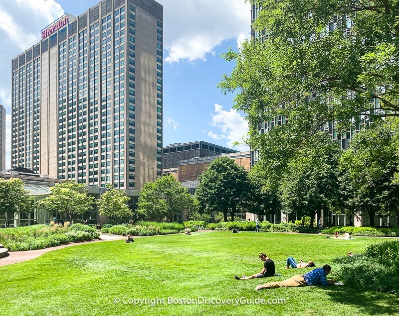 Sheraton Boston Hotel overlooking Prudential Center's South Garden - the hotel's opposite side overlooks the Charles River and July 4th fireworks