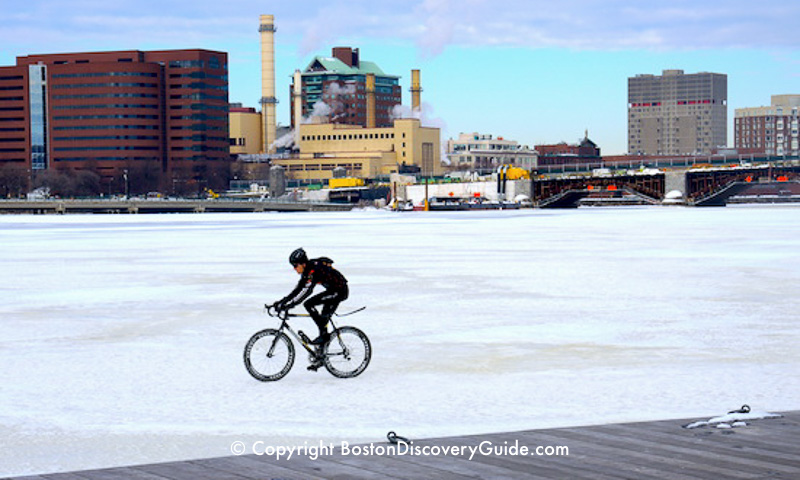 Winter walking tour of Boston: Cycling on the frozen Charles River (don't try this yourself)