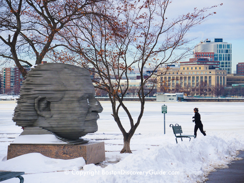 This gigantic statue of Pops Conductor Arthur Fiedler dominates the Esplanade's winter view