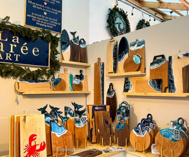 Marine-themed serving boards and (barely visible on the upper right) wall art made by Meghan (La Marée Art at the Holiday Market in Boston's Seaport