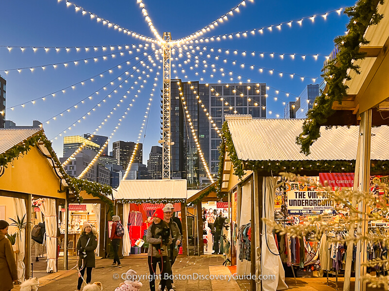 Christmas Trees and artisan chalets at the Holiday Market in Boston's Seaport