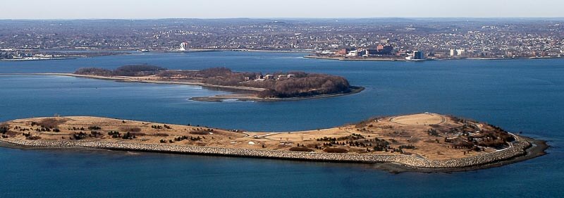 Spectacle Island from the air, with Thompson Island behind it