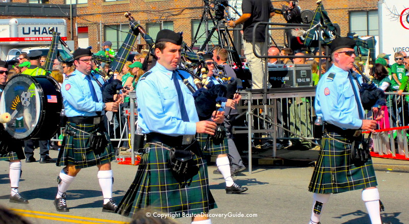 Bagpipe band marching in Boston's Saint Patrick's Day Parade