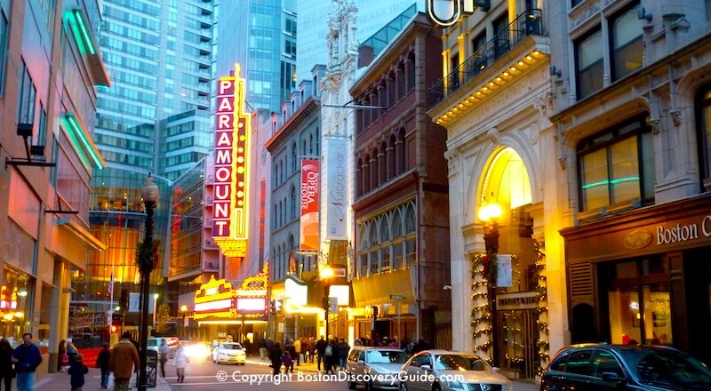 Bright lights on Washington Street in the heart of Boston's Theatre District