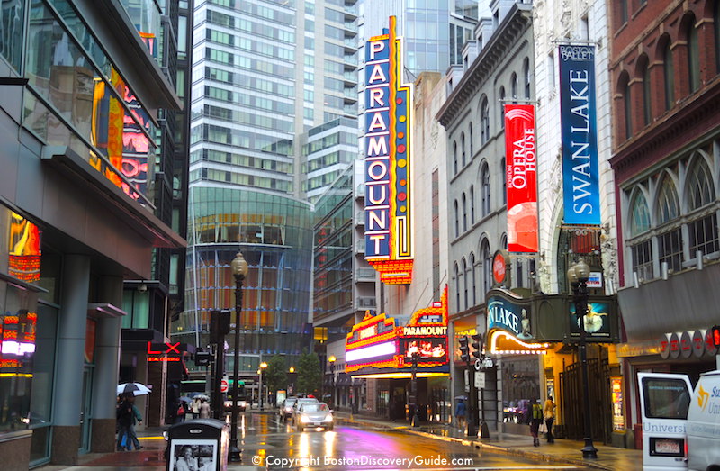 Boston's Theatre District on a rainy afternoon