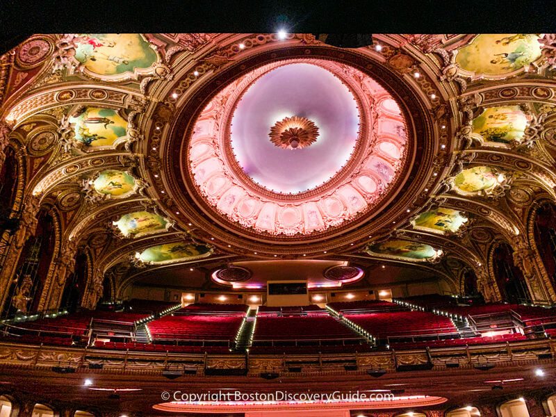 The domed ceiling in the Wang Theatre, restored to its original splendor