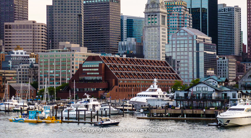 Boston's skyline, photographed from a boat in the Harbor