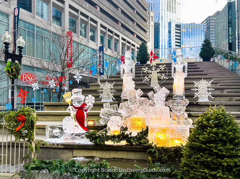 Ice sculptures on the Steps in Downtown Crossing