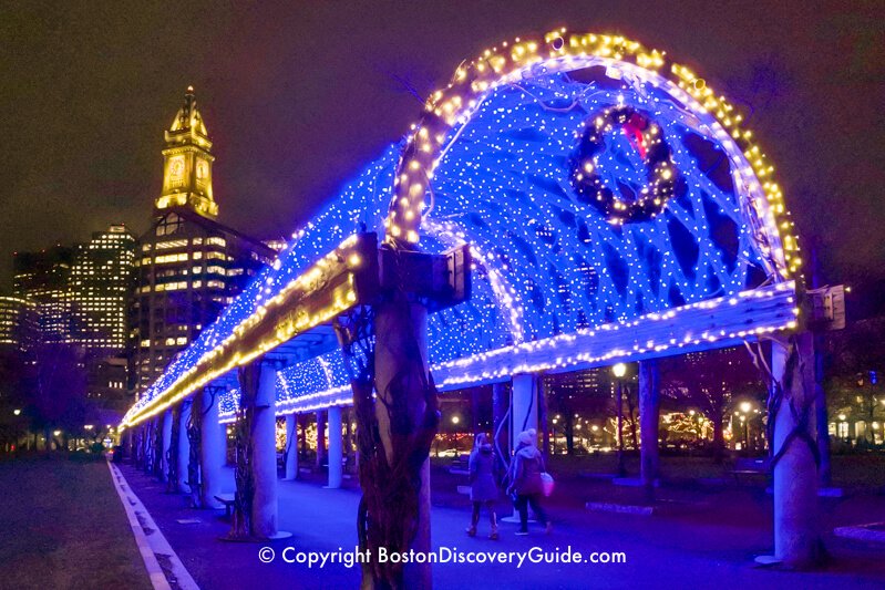Christmas in Boston - Trellis with holiday lights is the gateway to Boston's North End