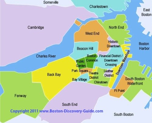 Map of Boston showing central neighborhoods Map of Boston showing central neighborhoods