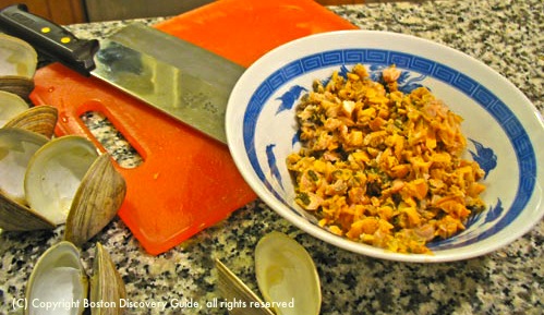 Chopped clams ready for chowder / New England Clam Chowder recipe - www.boston-discovery-guide.com